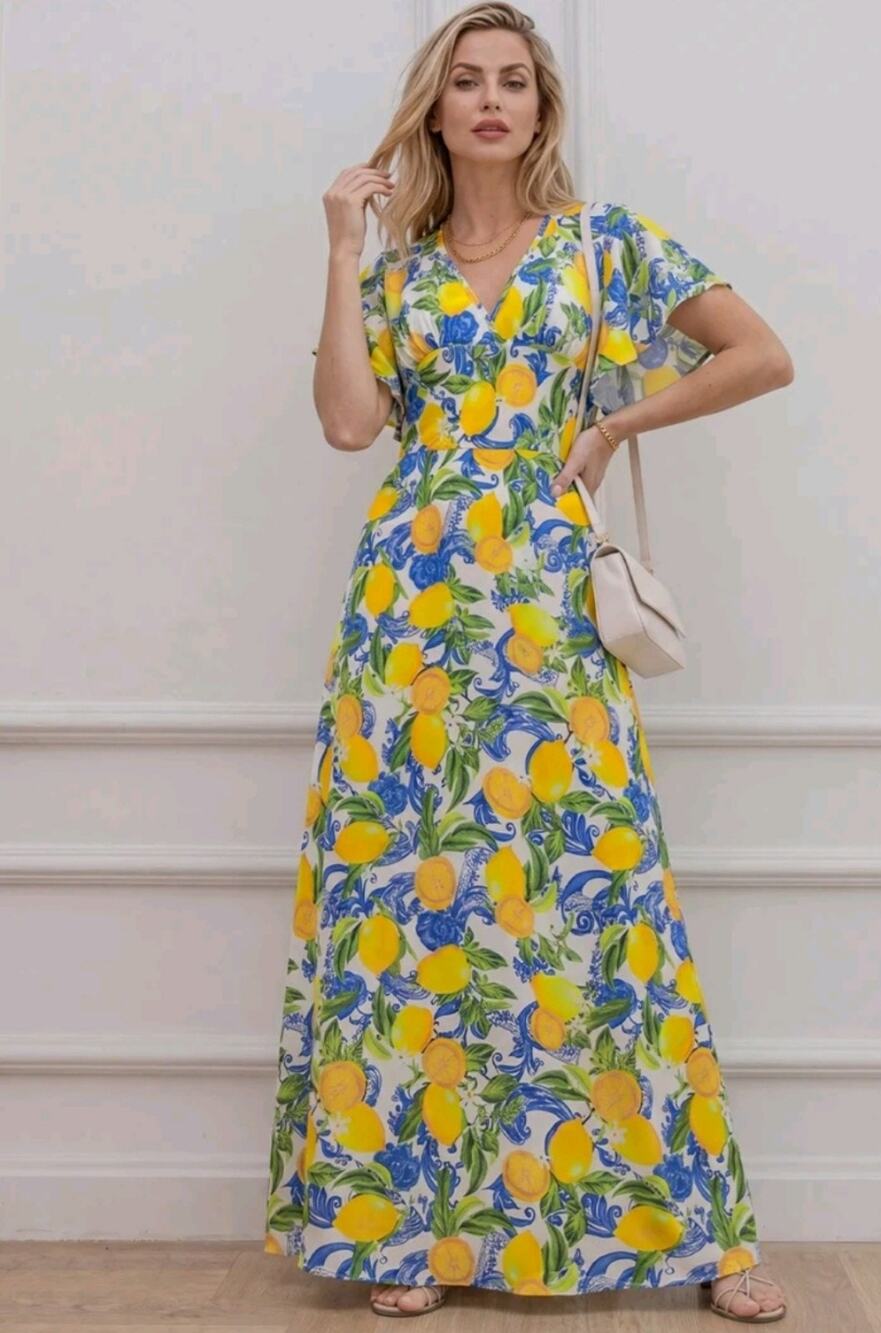 #271 NWOT MSRP $35 OYYNIIS BOHO LEMON FLORAL GARDEN PARTY MAXI DRESS ♡SIZE XXL♡